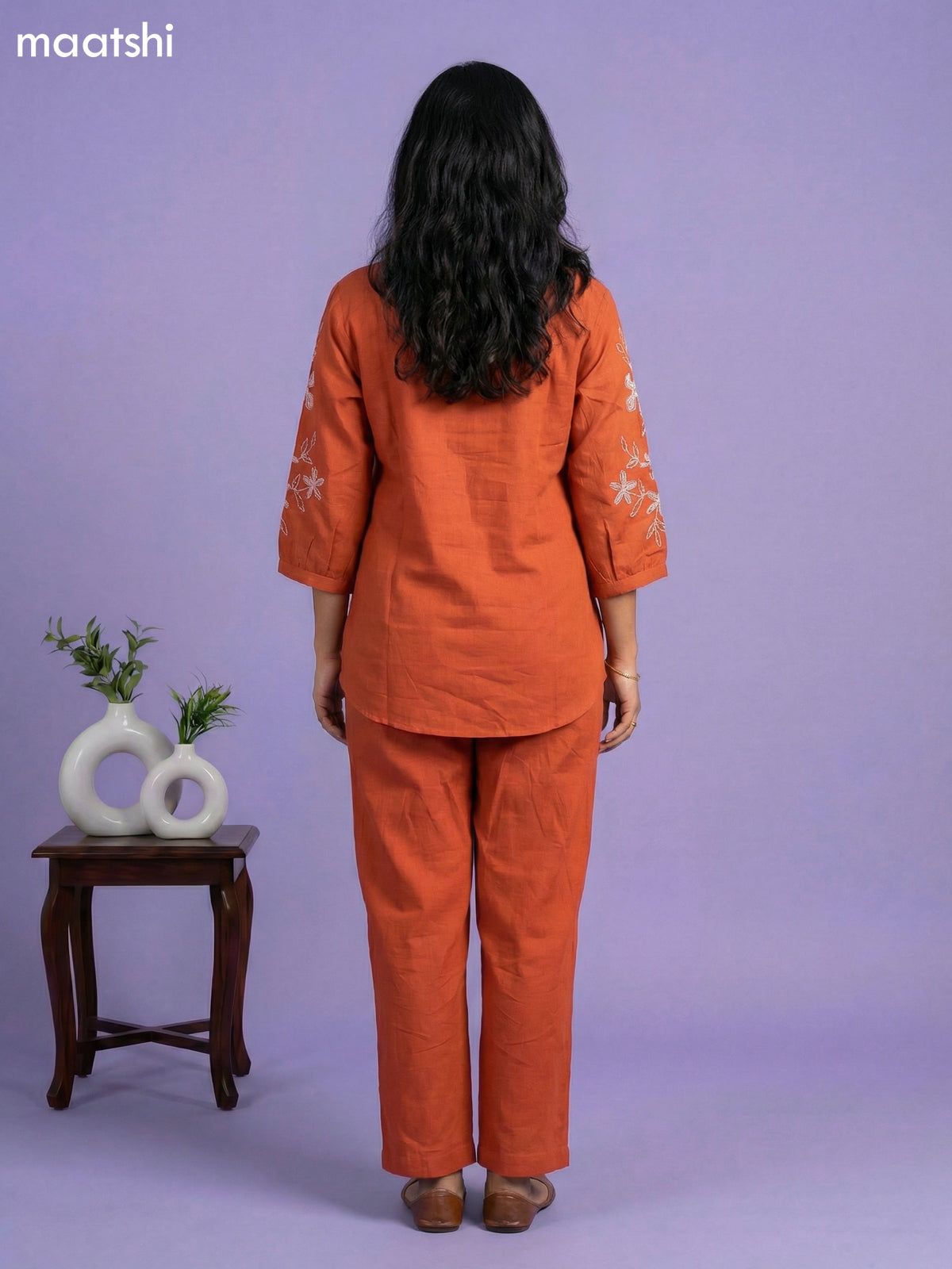 Rust Cotton Embroidery Work Co-Ord Set