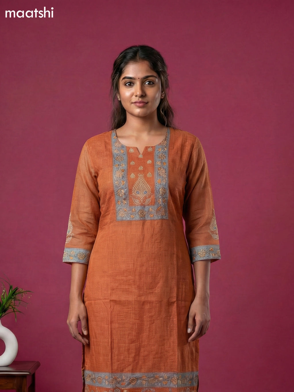 Rustic Orange Kota Printed & Simple Embroidery Work Straight Suit