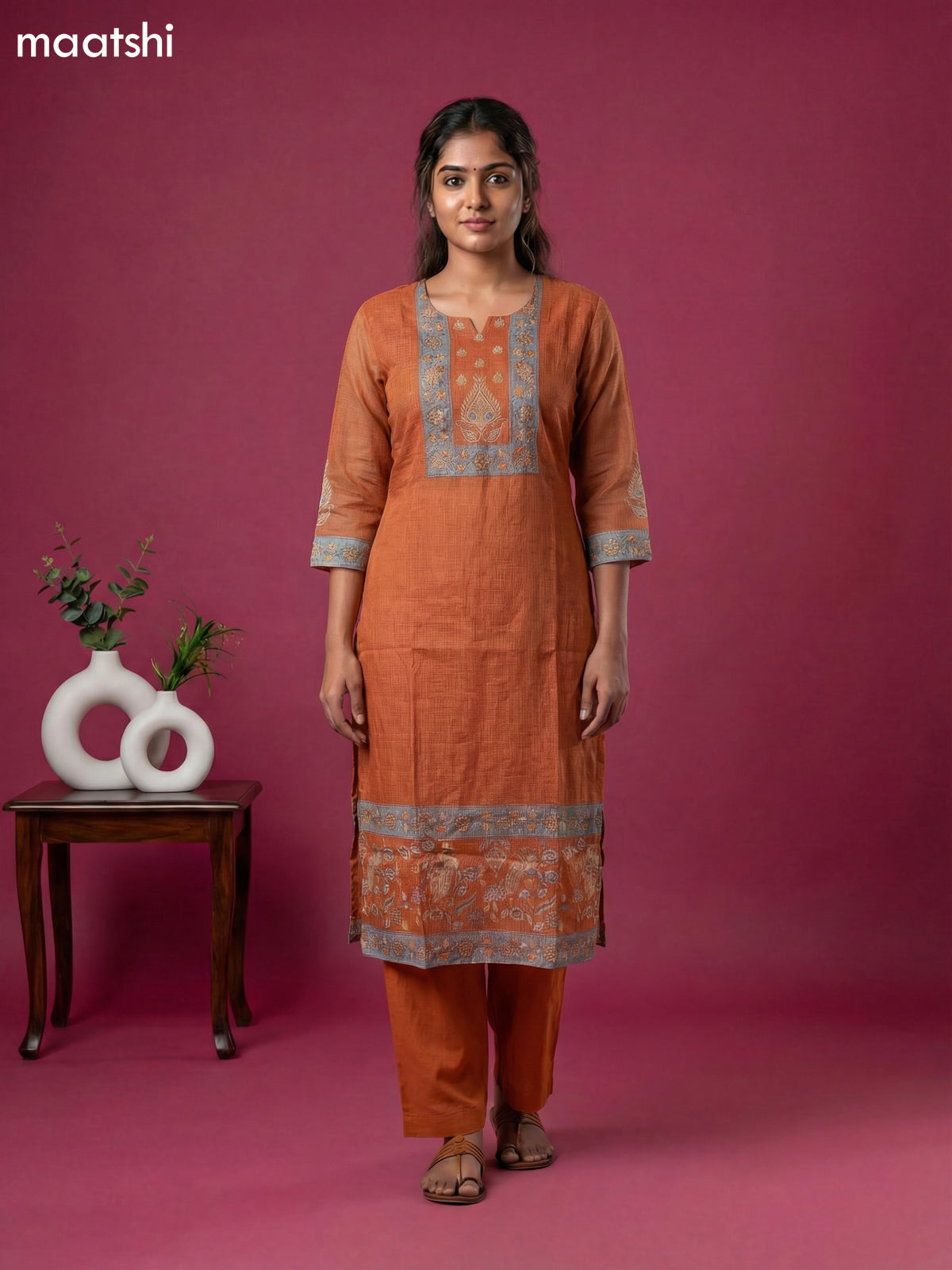 Rustic Orange Kota Printed & Simple Embroidery Work Straight Suit