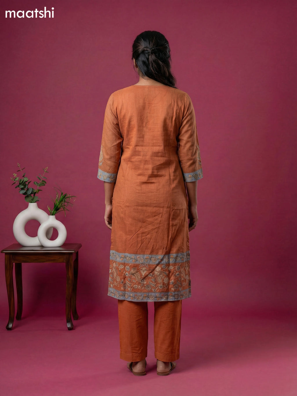 Rustic Orange Kota Printed & Simple Embroidery Work Straight Suit