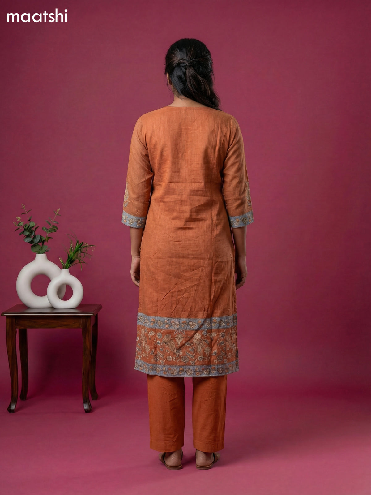 Rustic Orange Kota Printed & Simple Embroidery Work Straight Suit