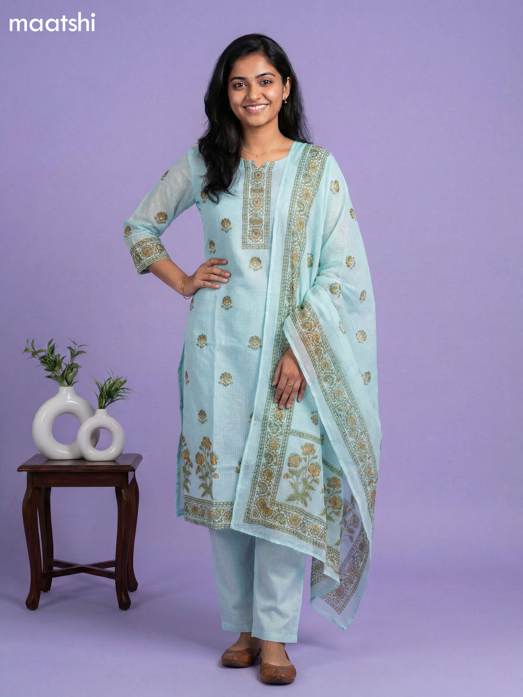 Light Blue Kota Printed & Simple Embroidery Work Straight Suit