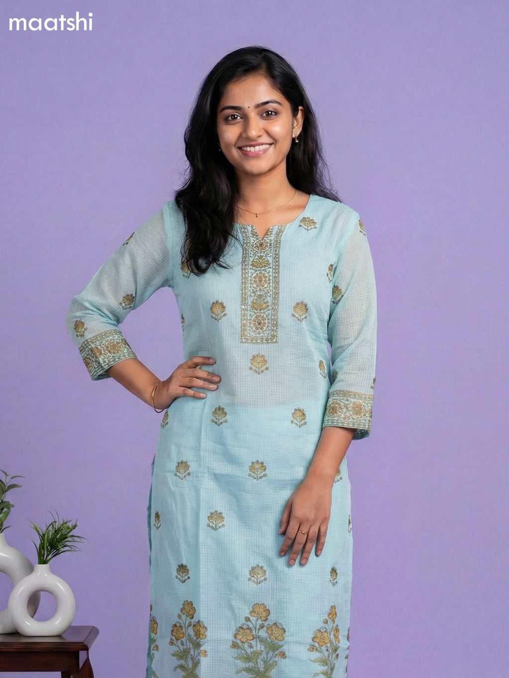 Light Blue Kota Printed & Simple Embroidery Work Straight Suit