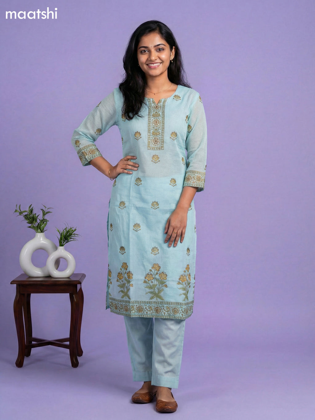 Light Blue Kota Printed & Simple Embroidery Work Straight Suit