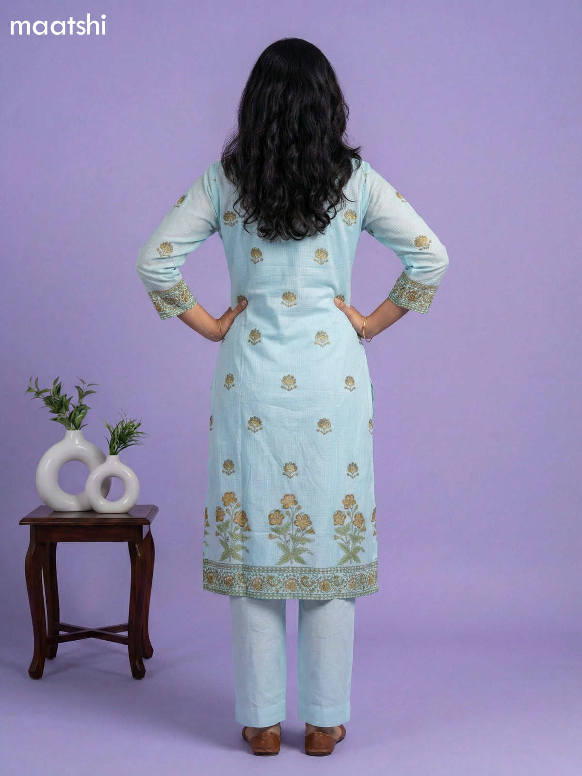 Light Blue Kota Printed & Simple Embroidery Work Straight Suit