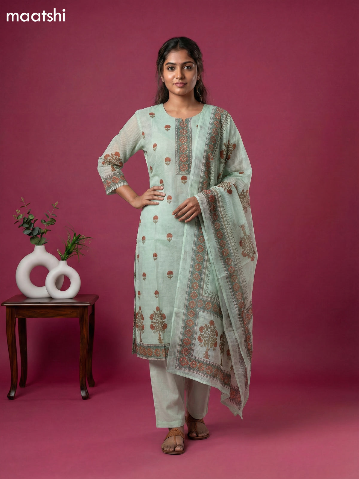 Teal Green Kota Printed & Simple Embroidery Work Straight Suit