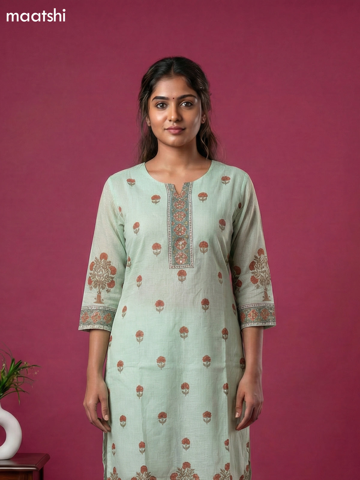 Teal Green Kota Printed & Simple Embroidery Work Straight Suit