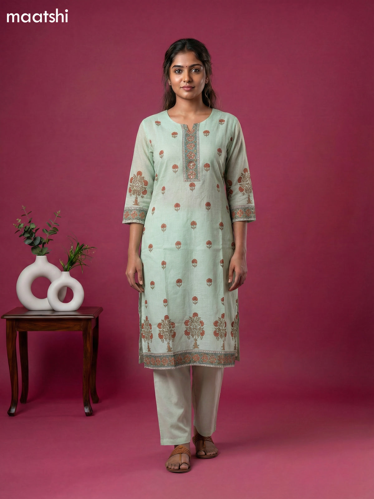 Teal Green Kota Printed & Simple Embroidery Work Straight Suit