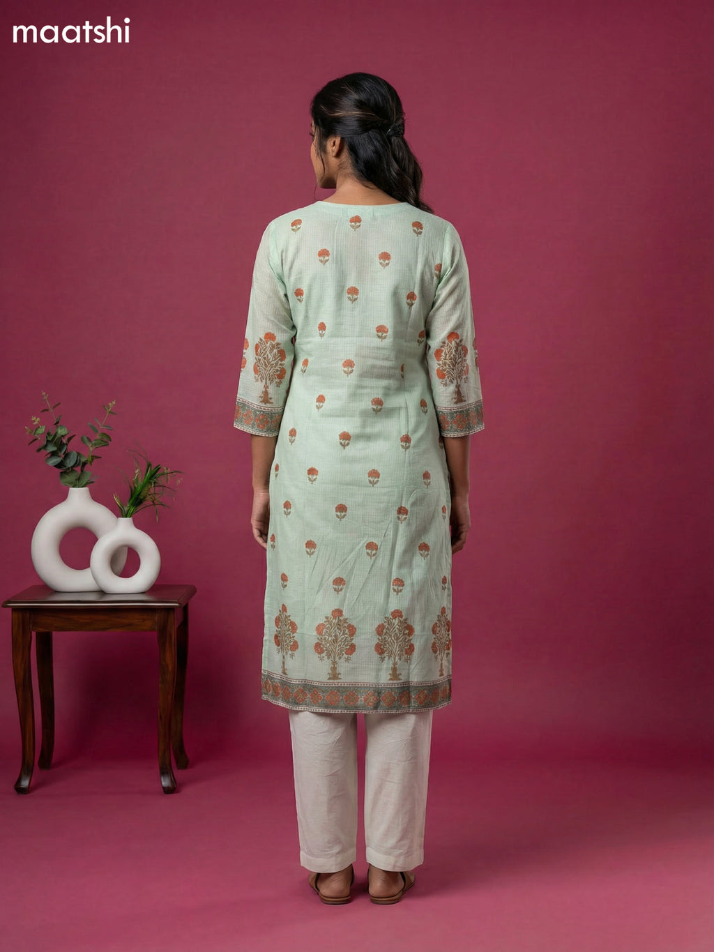 Teal Green Kota Printed & Simple Embroidery Work Straight Suit