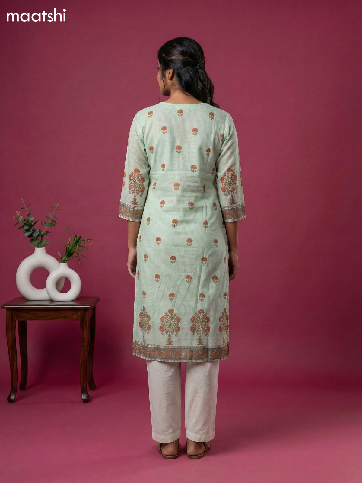 Teal Green Kota Printed & Simple Embroidery Work Straight Suit