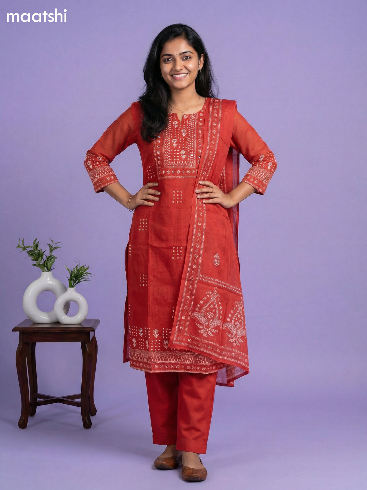 Red Kota Printed & Simple Embroidery Work Straight Suit