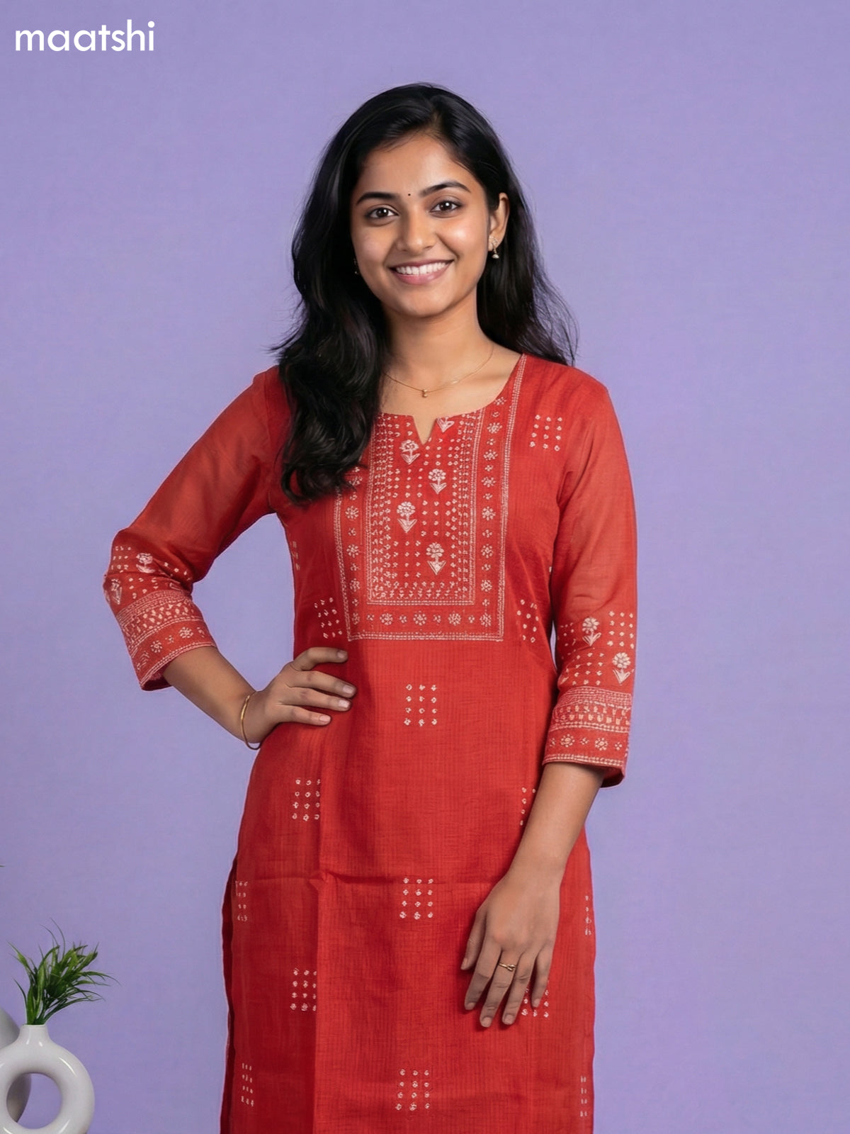 Red Kota Printed & Simple Embroidery Work Straight Suit