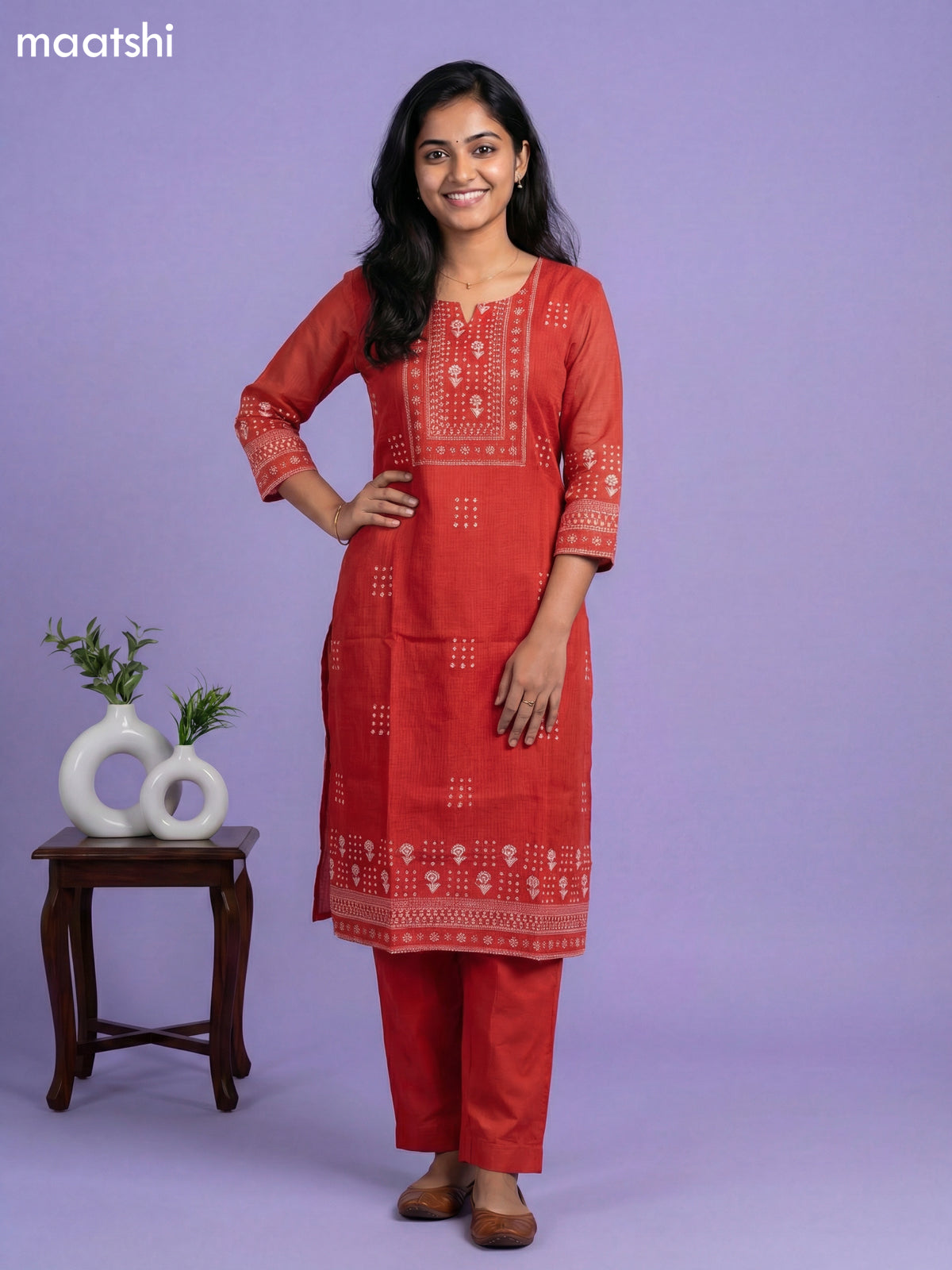 Red Kota Printed & Simple Embroidery Work Straight Suit
