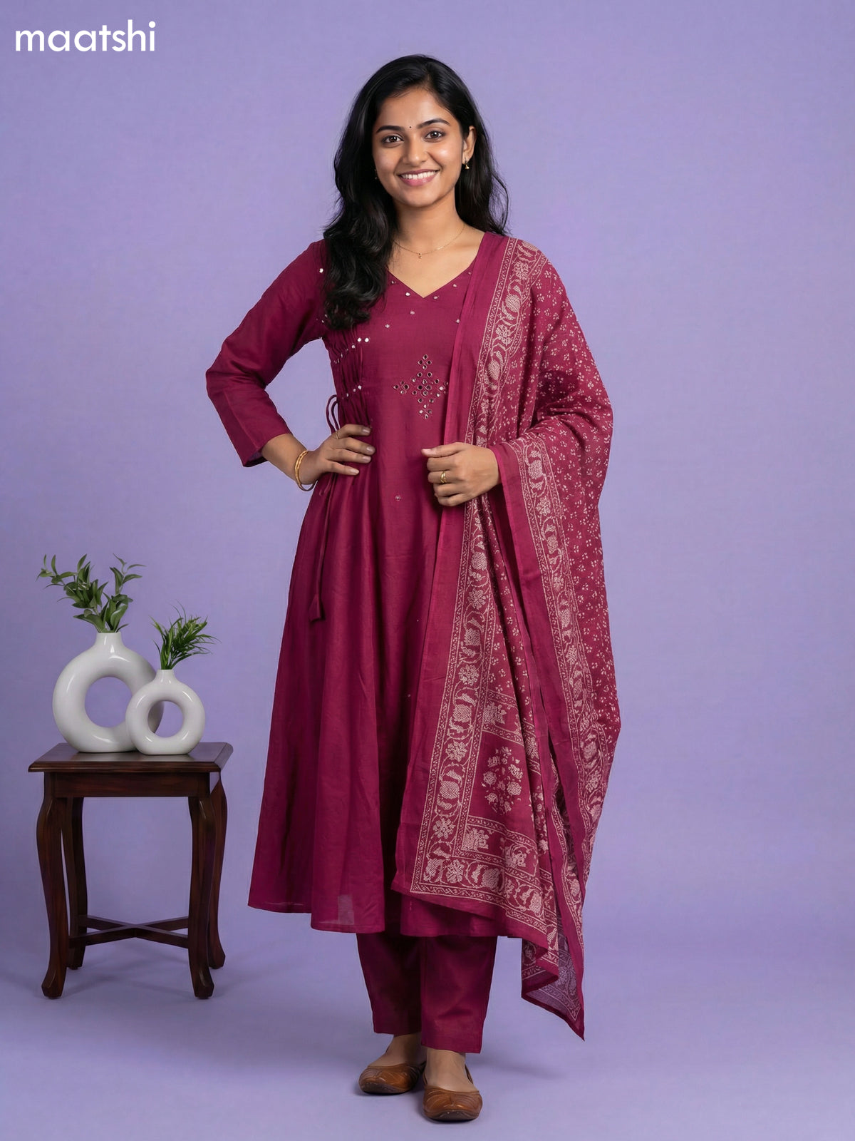 Magenta Pink Cotton Embroidery Work Anarkil Suit
