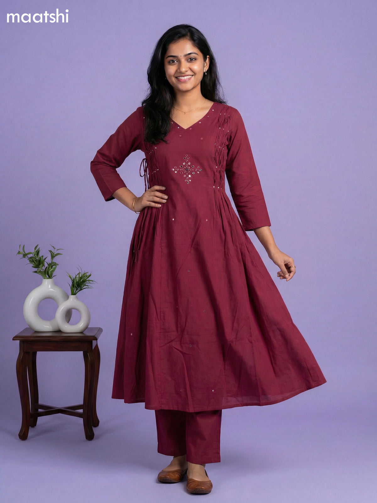 Magenta Pink Cotton Embroidery Work Anarkil Suit