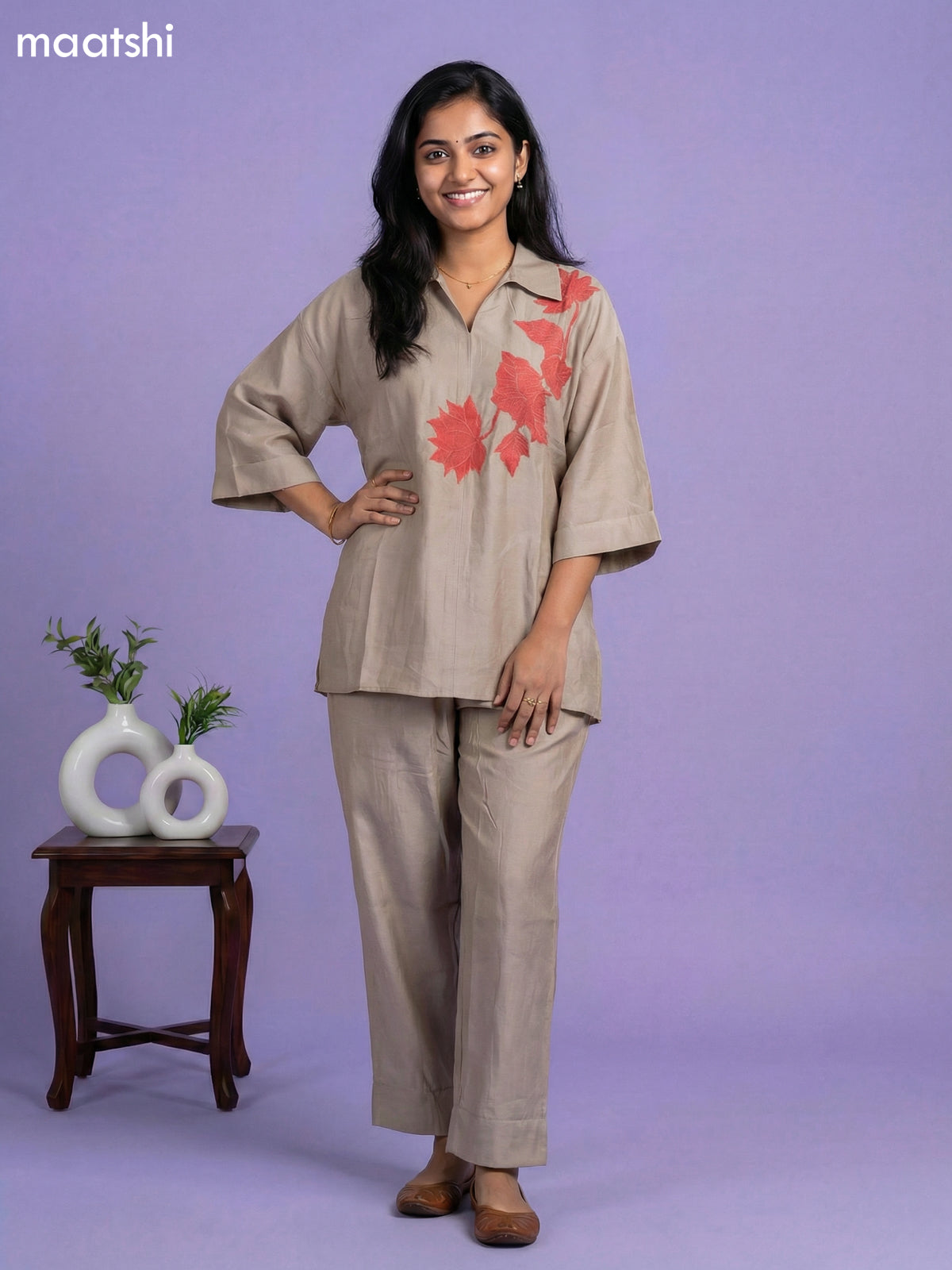 Pastel Brown Chanderi Embroidery Work Co-Ord Set