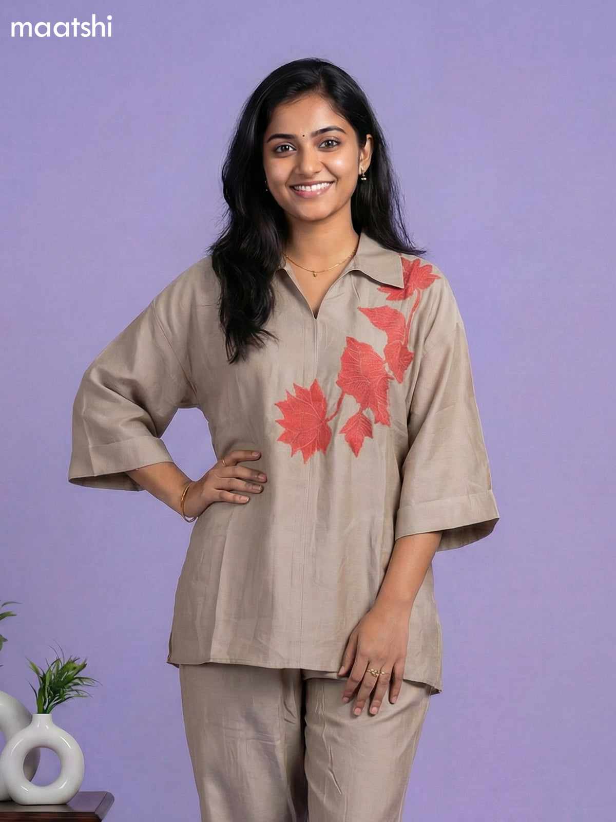 Pastel Brown Chanderi Embroidery Work Co-Ord Set