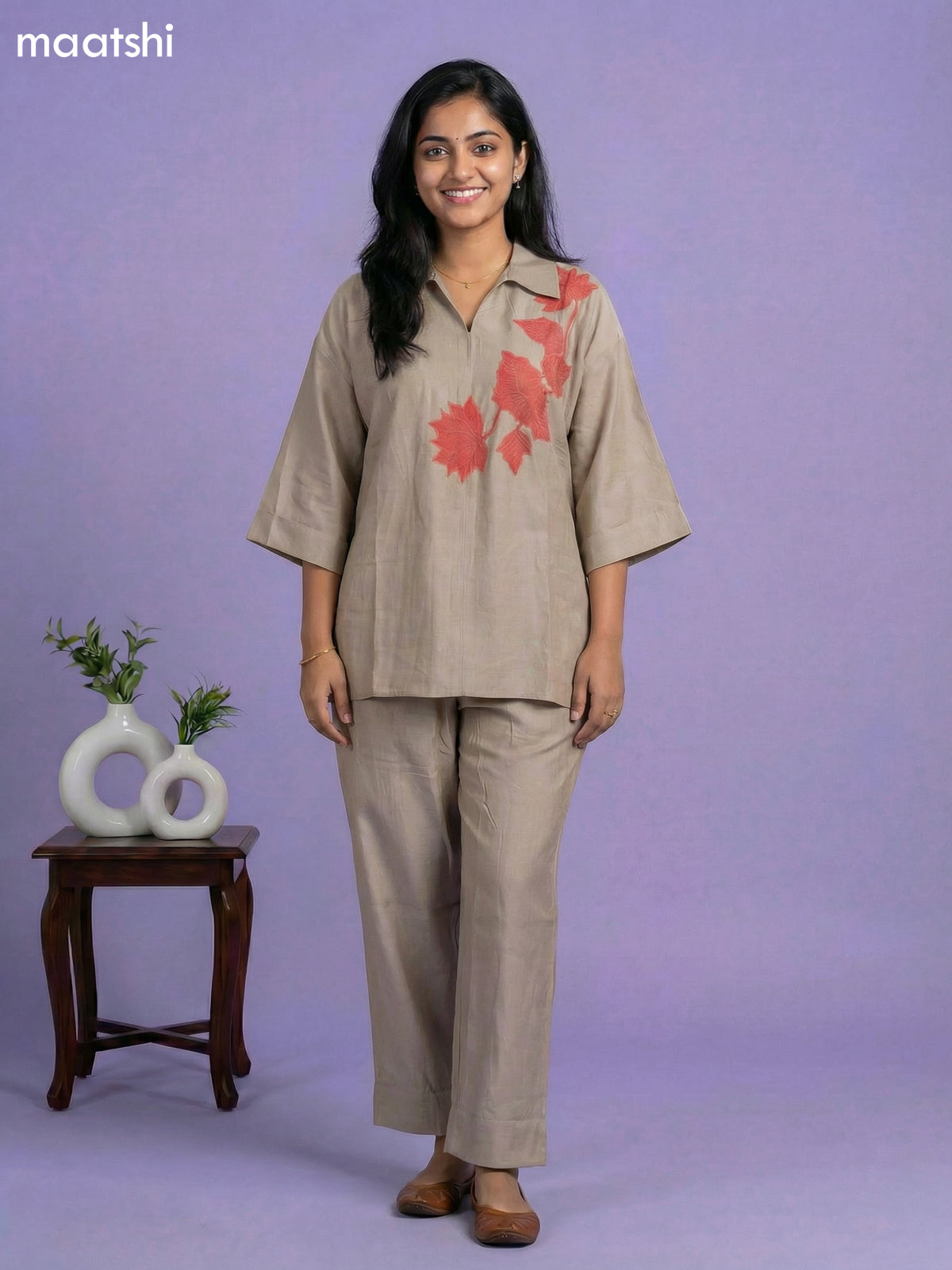 Pastel Brown Chanderi Embroidery Work Co-Ord Set