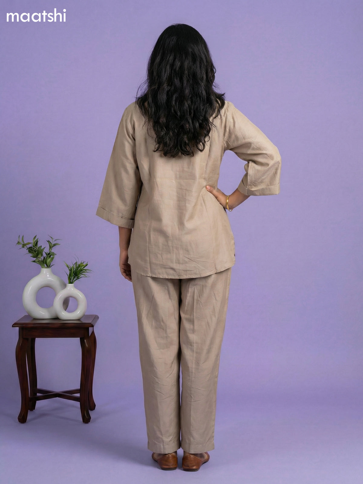 Pastel Brown Chanderi Embroidery Work Co-Ord Set