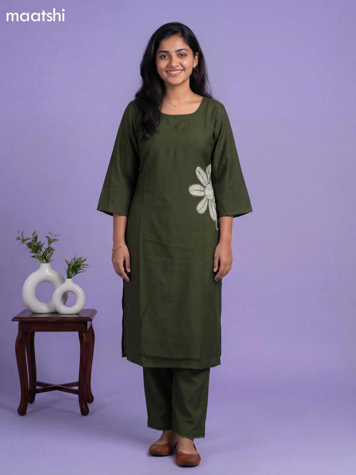 Dark Sap Green Chanderi Embroidery Work Kurti Set