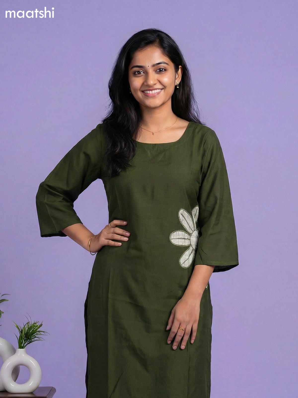 Dark Sap Green Chanderi Embroidery Work Kurti Set