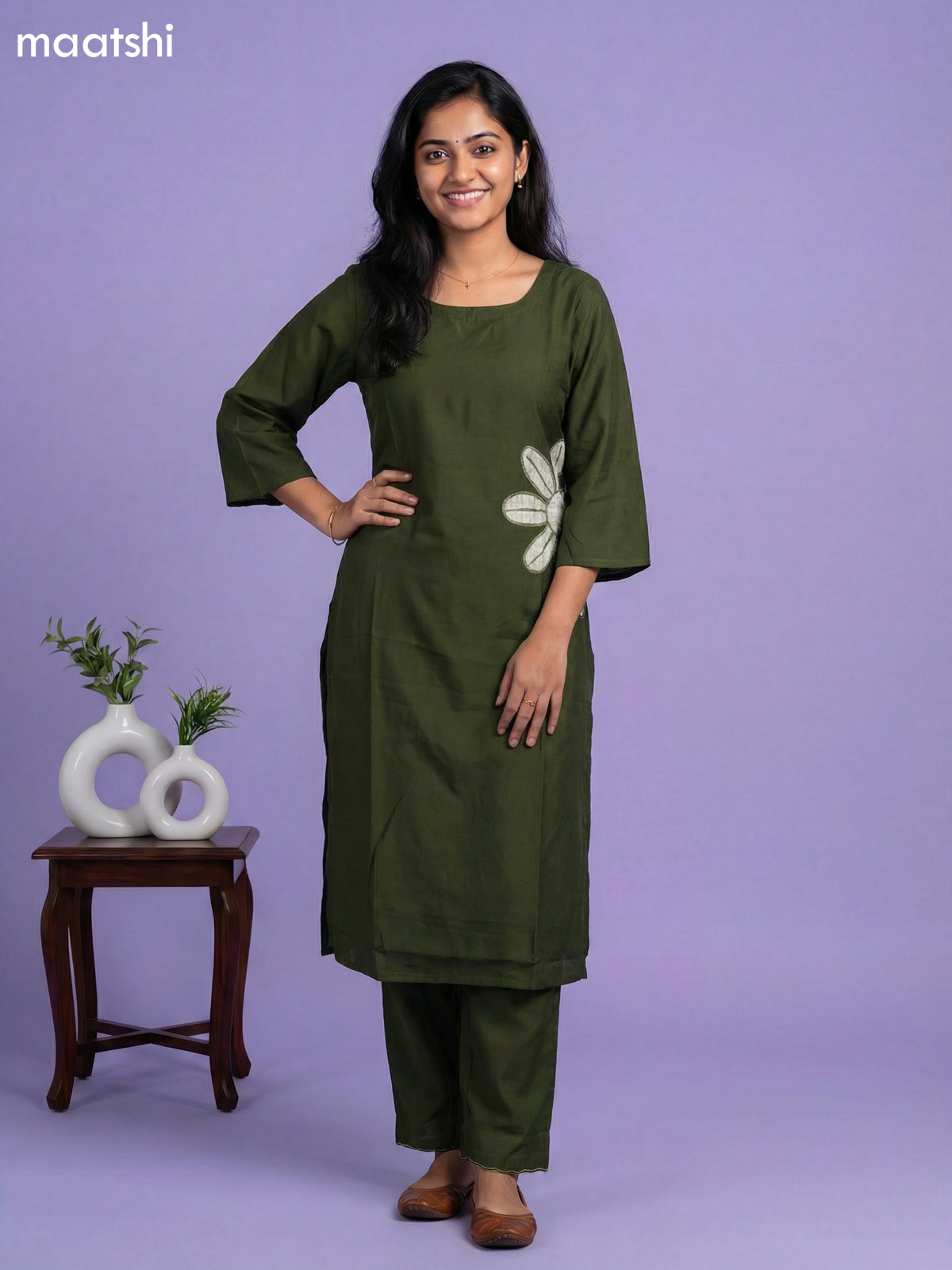 Dark Sap Green Chanderi Embroidery Work Kurti Set