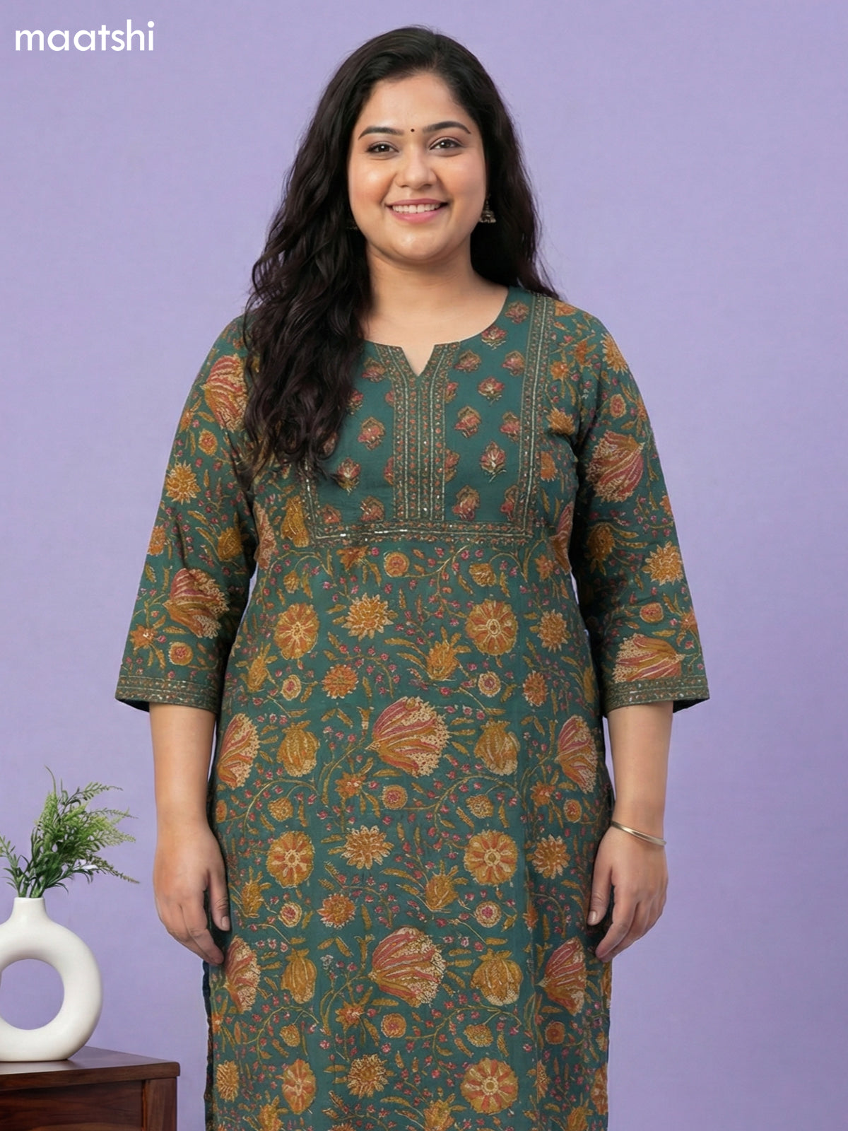 Green Cotton Floral Printed Straight Suit