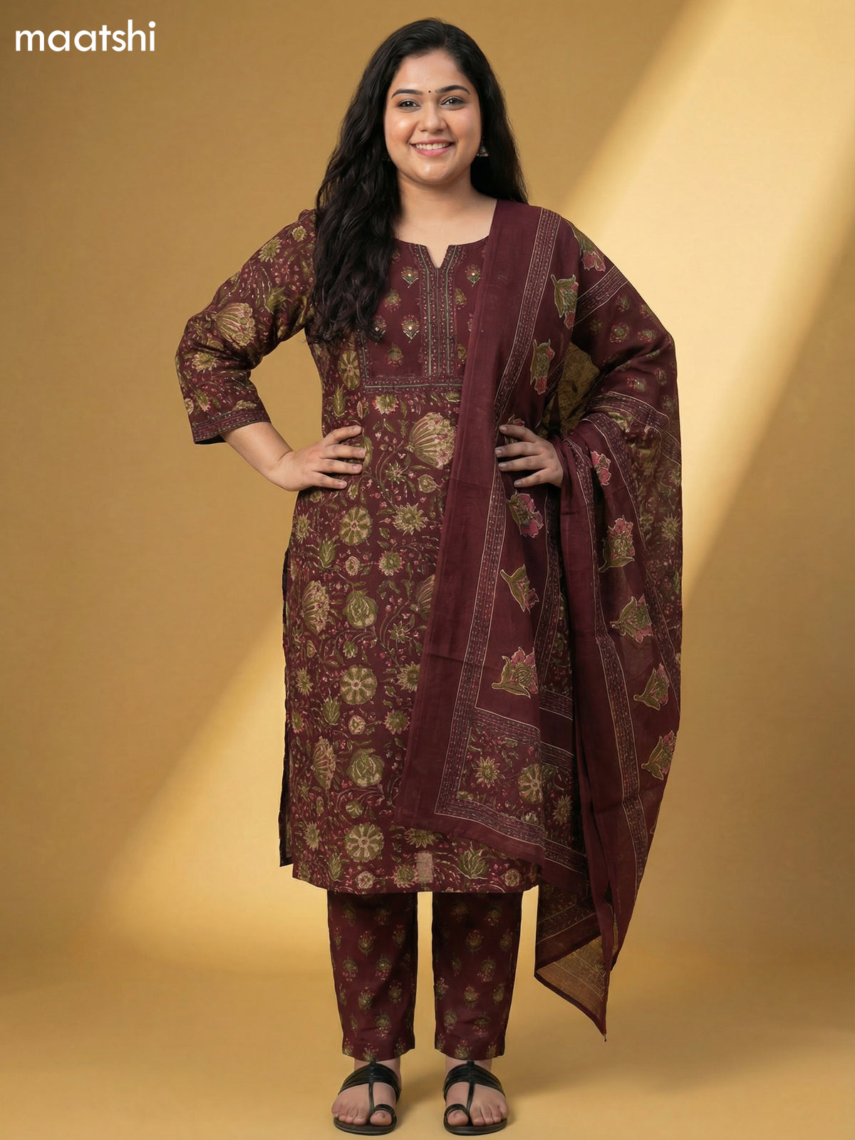 Deep Maroon and Green Cotton Floral Printed Straight Suit