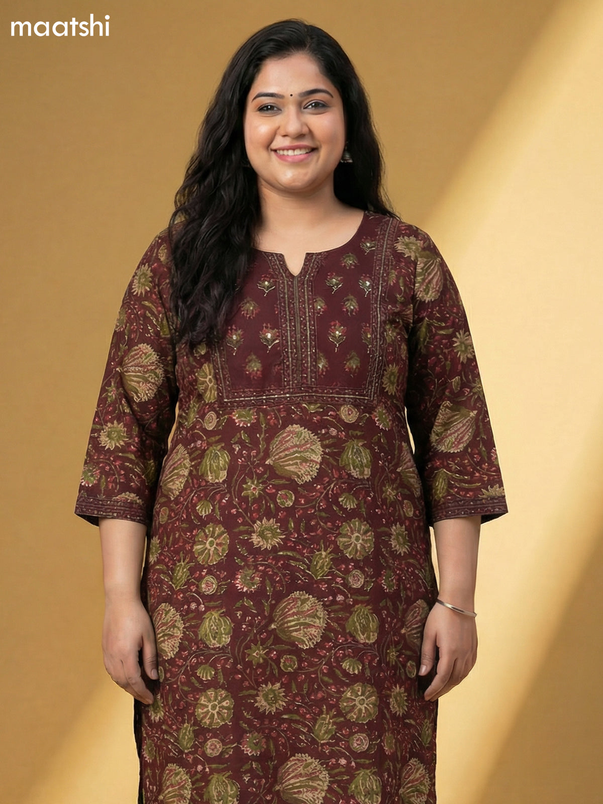 Deep Maroon and Green Cotton Floral Printed Straight Suit