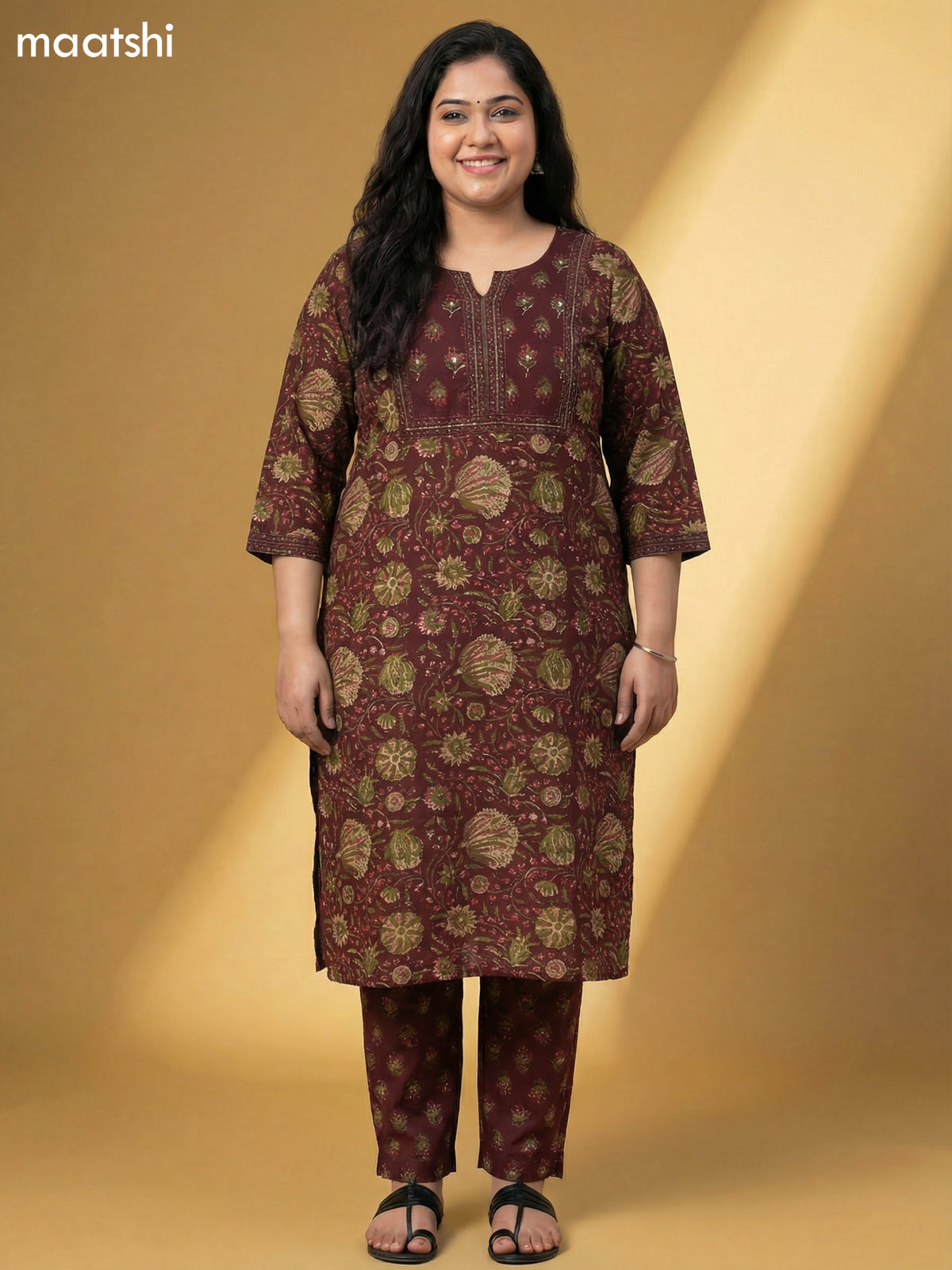 Deep Maroon and Green Cotton Floral Printed Straight Suit