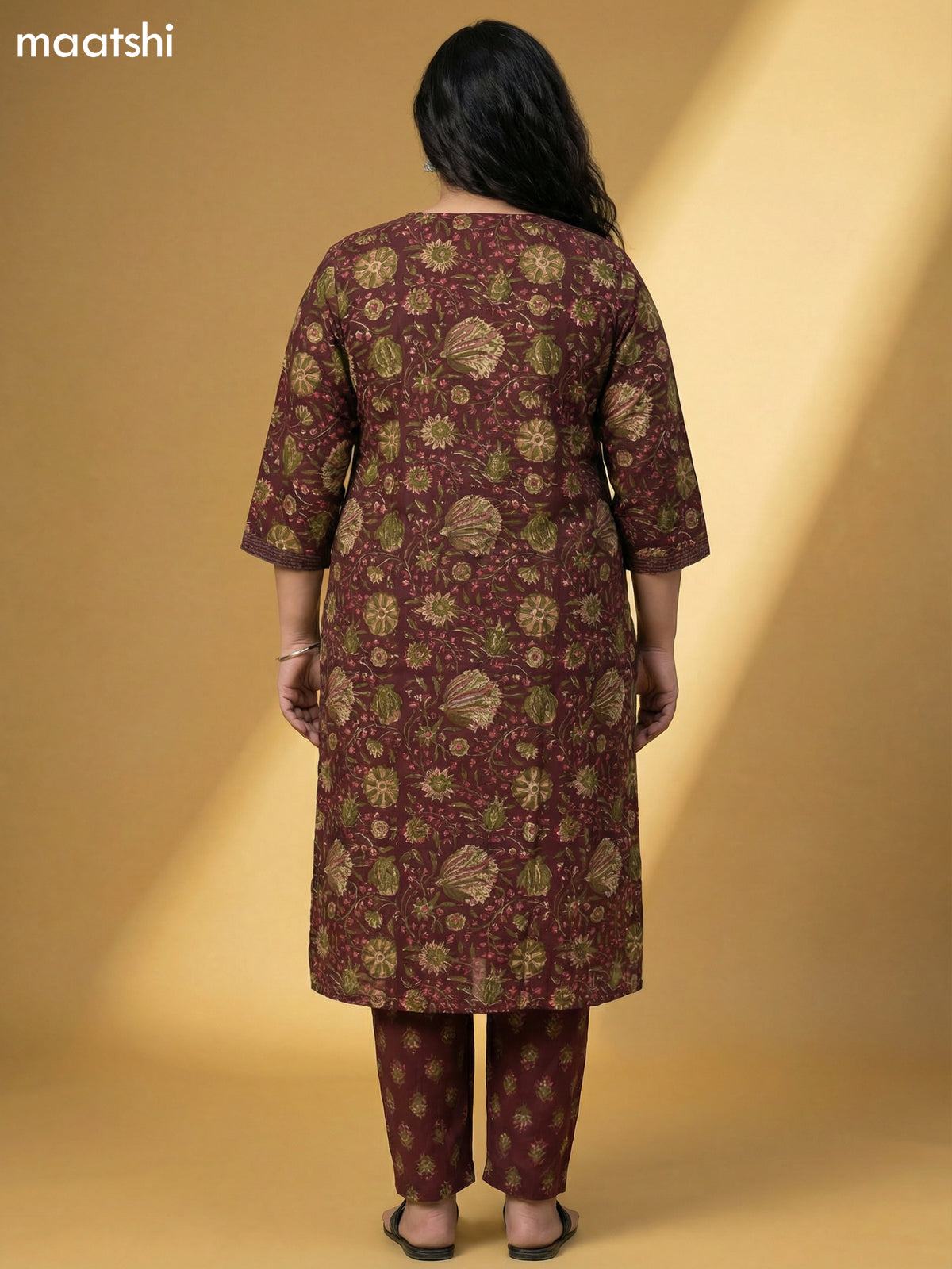 Deep Maroon and Green Cotton Floral Printed Straight Suit