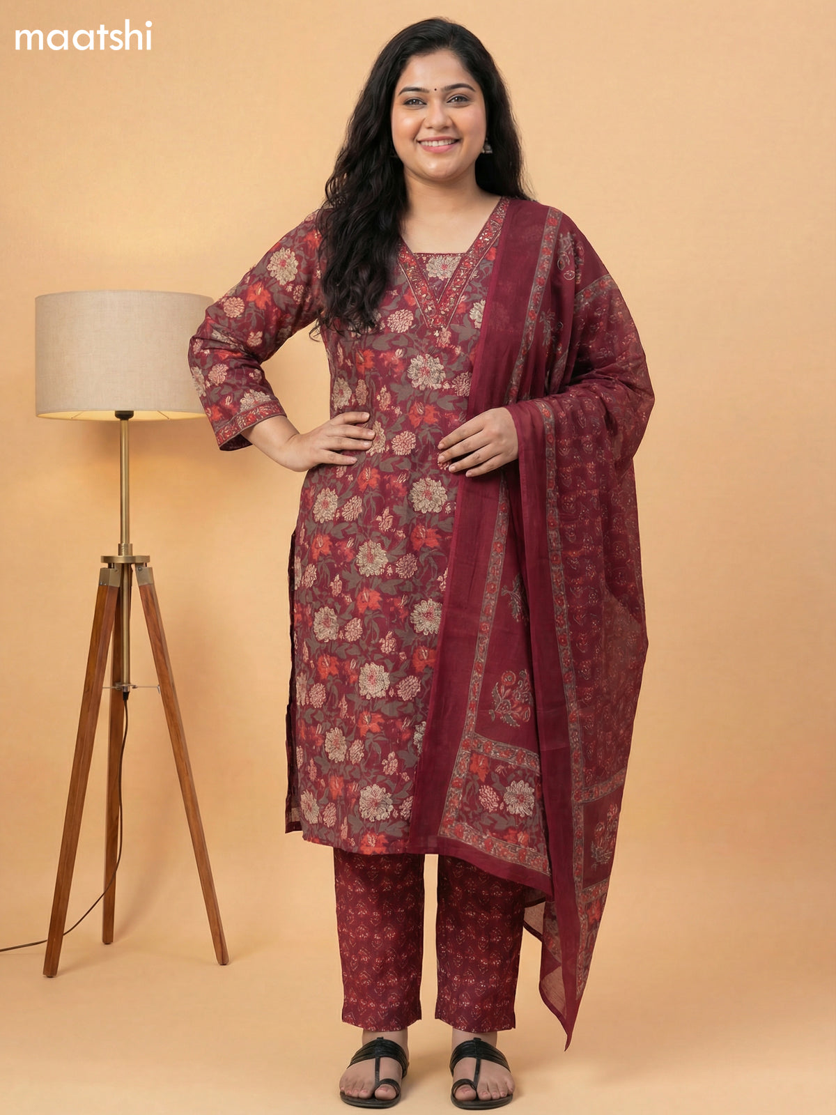 Magenta Pink Cotton Floral Printed Straight Suit