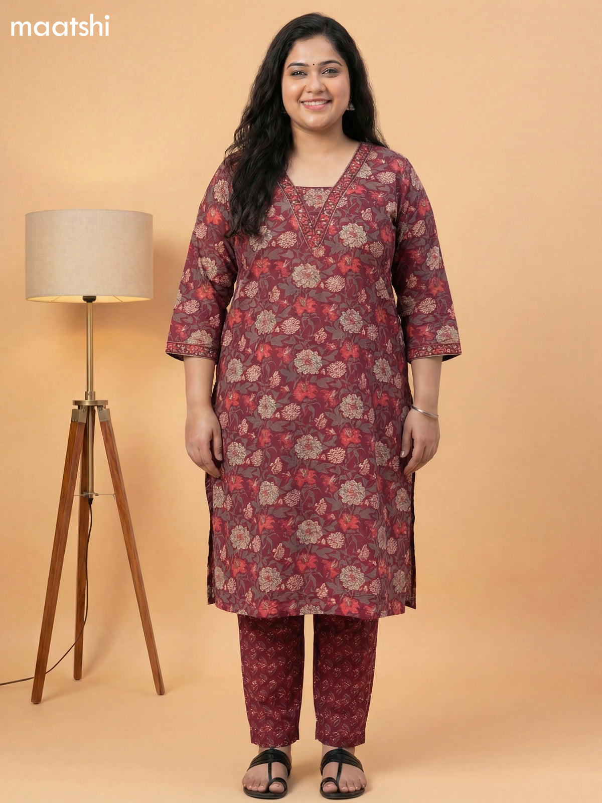 Magenta Pink Cotton Floral Printed Straight Suit
