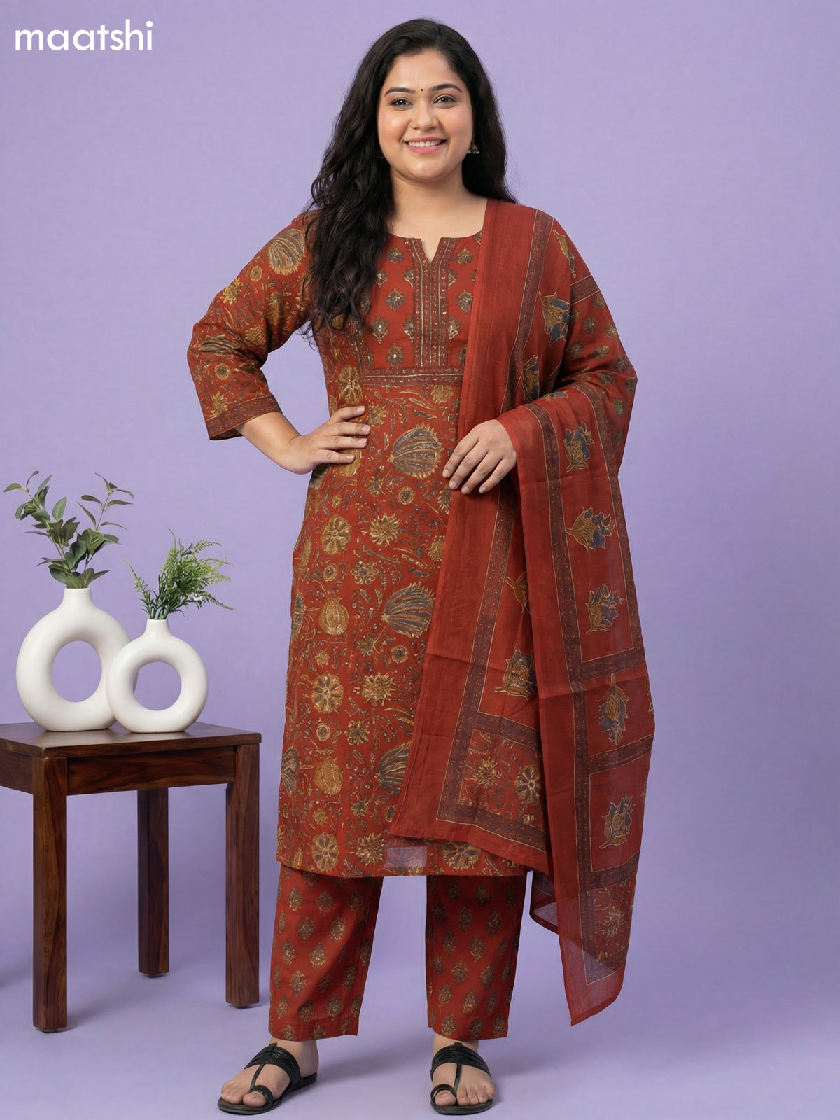 Dark Rust Cotton Floral Printed Straight Suit