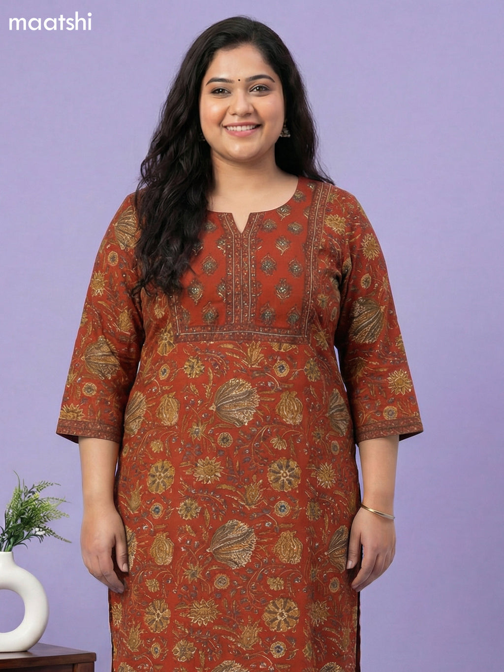 Dark Rust Cotton Floral Printed Straight Suit