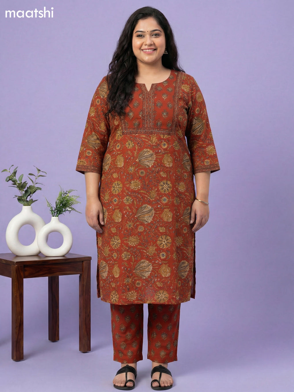 Dark Rust Cotton Floral Printed Straight Suit