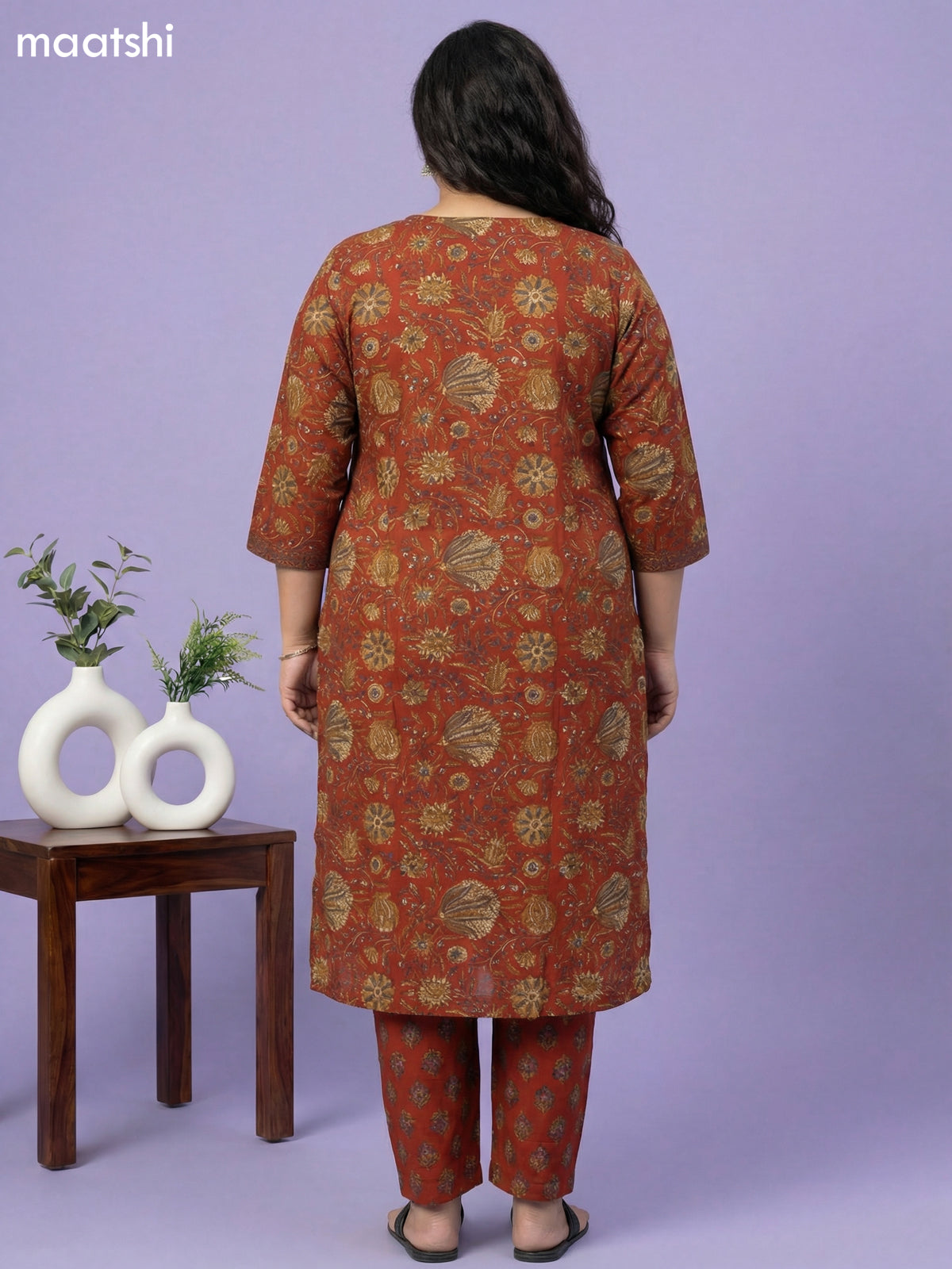 Dark Rust Cotton Floral Printed Straight Suit