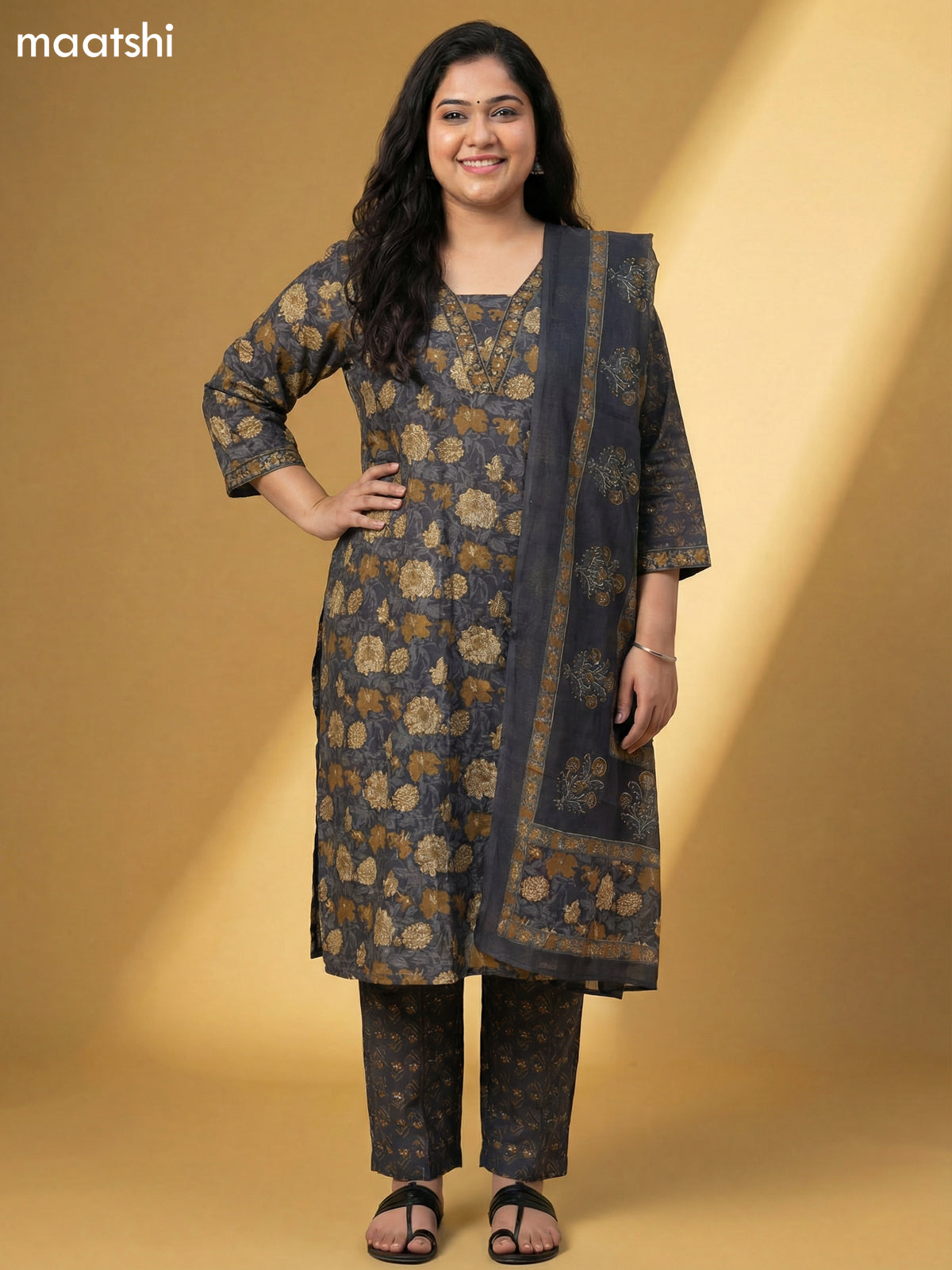 Dark Grey Cotton Floral Printed Straight Suit