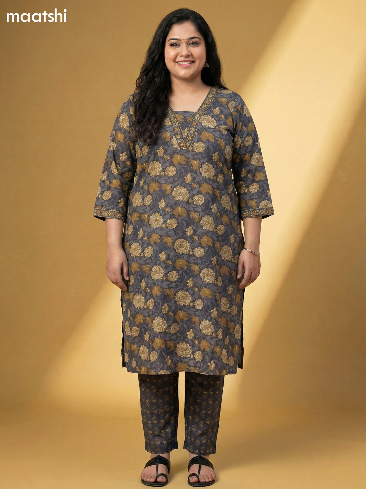 Dark Grey Cotton Floral Printed Straight Suit