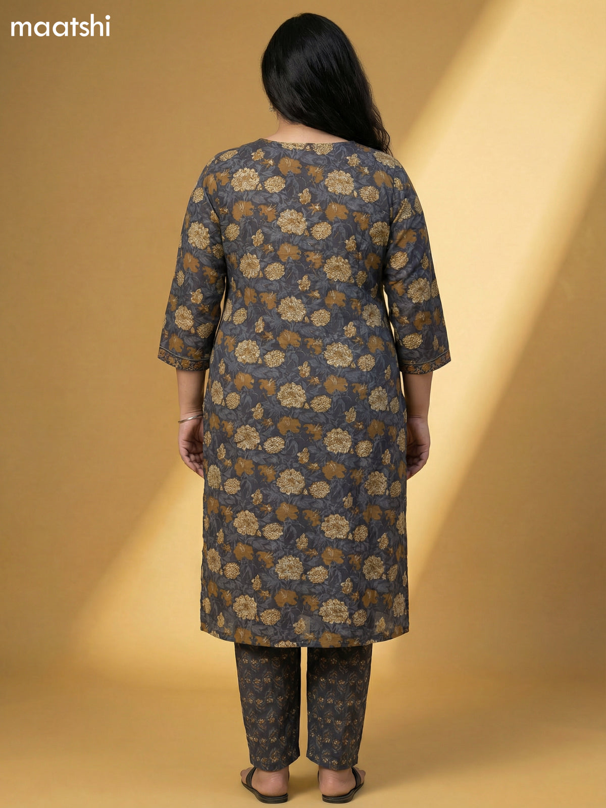 Dark Grey Cotton Floral Printed Straight Suit