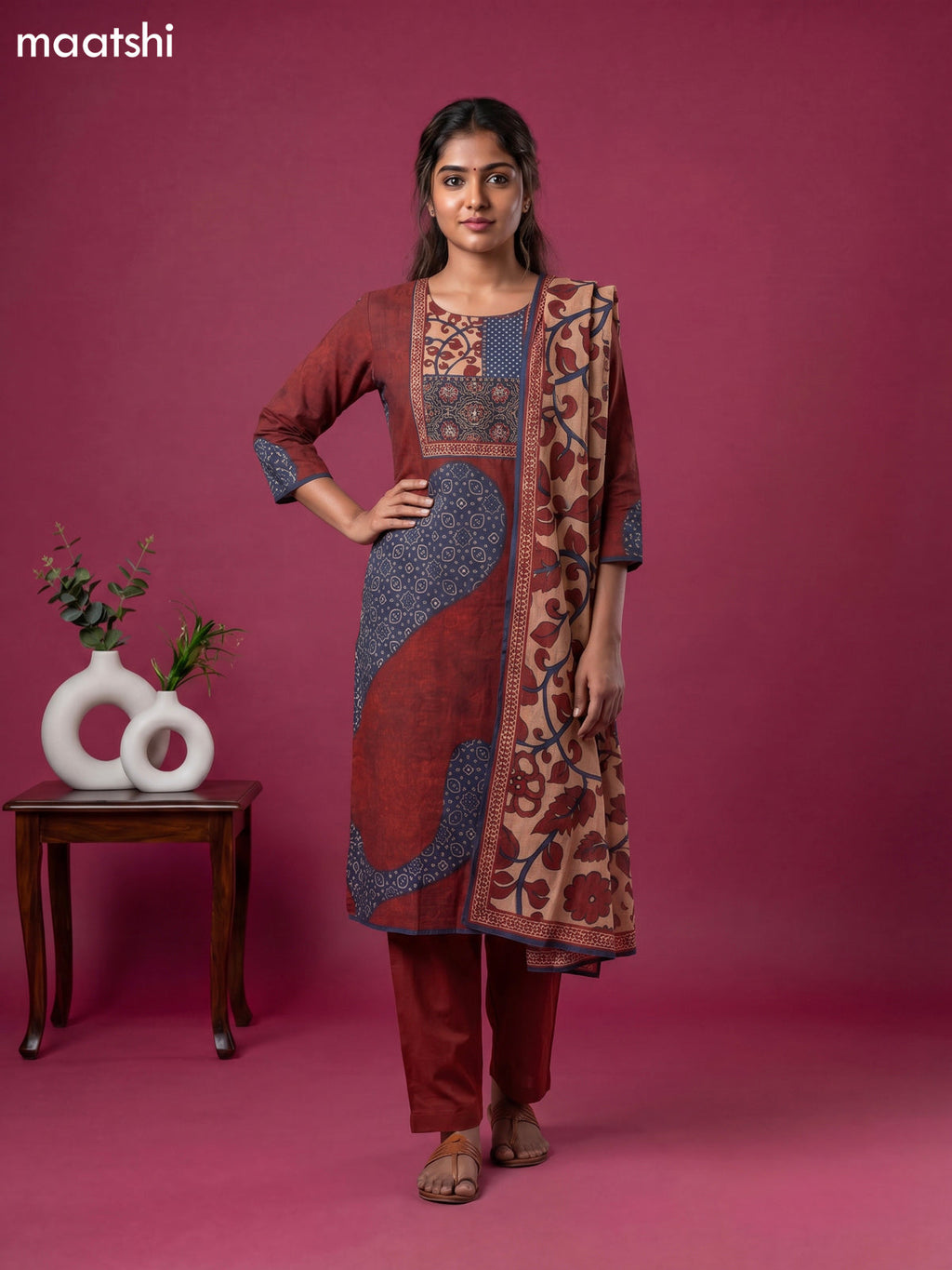 Maroon and Blue Cotton Kalamkari Printed Straight Suit