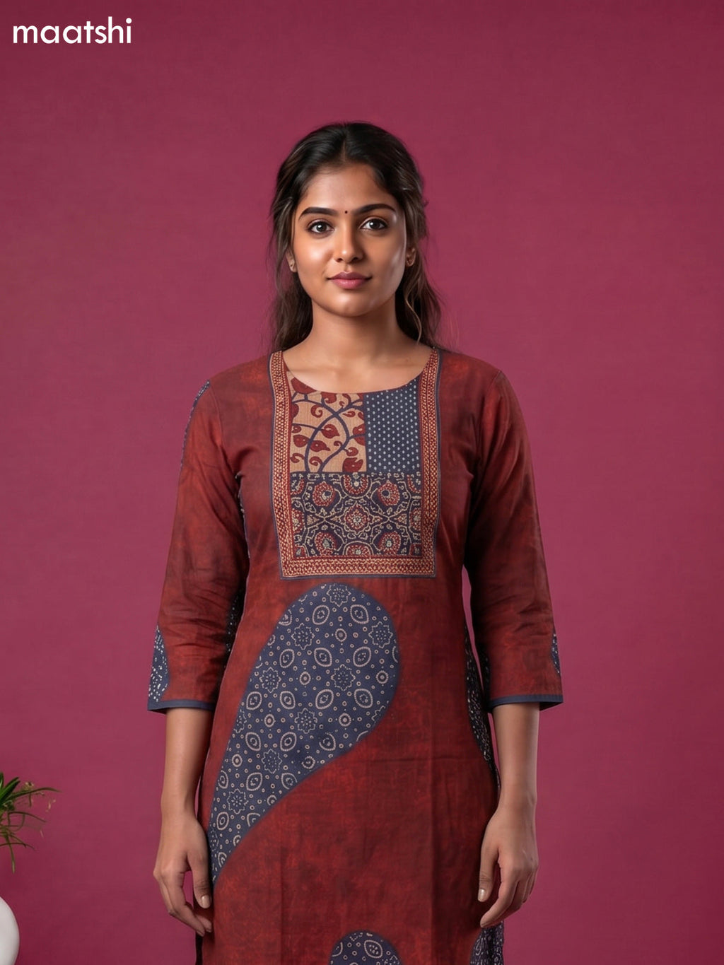 Maroon and Blue Cotton Kalamkari Printed Straight Suit