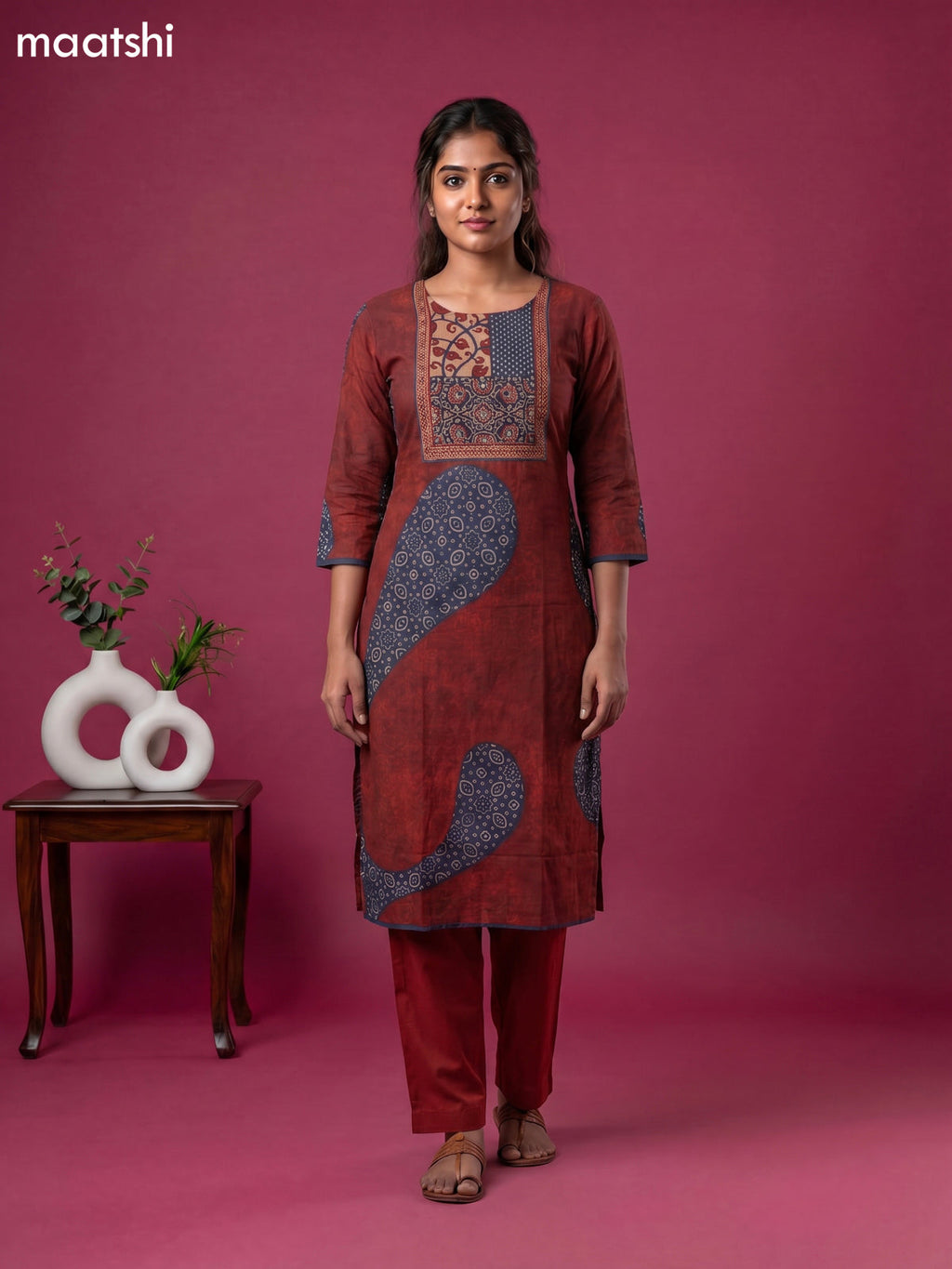 Maroon and Blue Cotton Kalamkari Printed Straight Suit