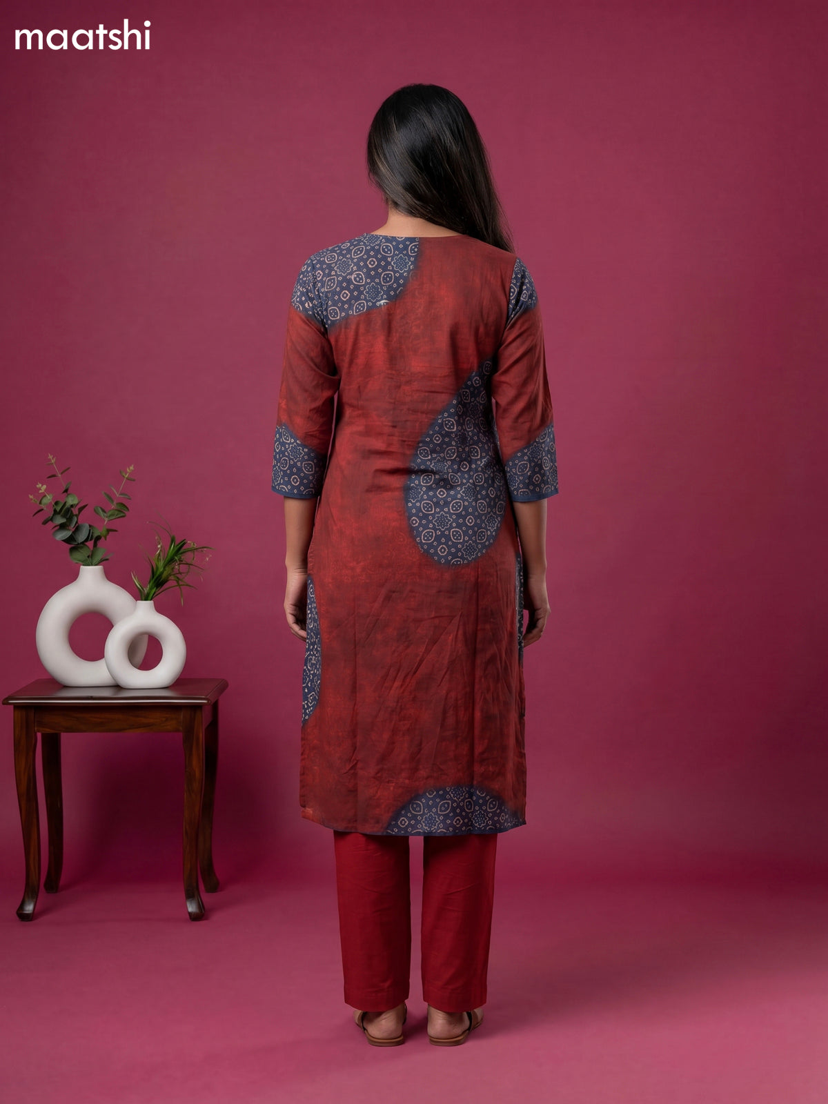 Maroon and Blue Cotton Kalamkari Printed Straight Suit