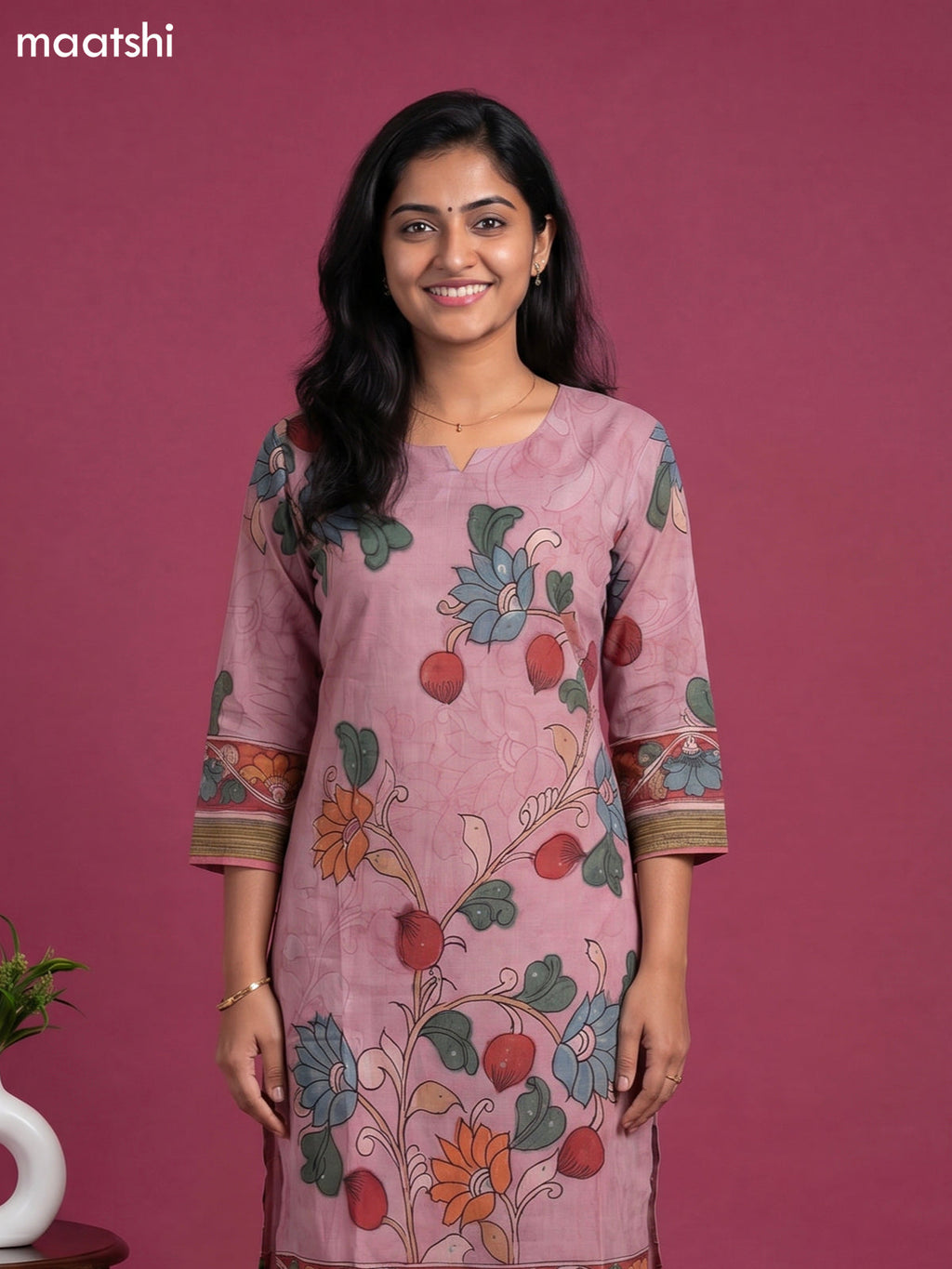 Pastel Pink Cotton Kalamkari Printed Straight Suit