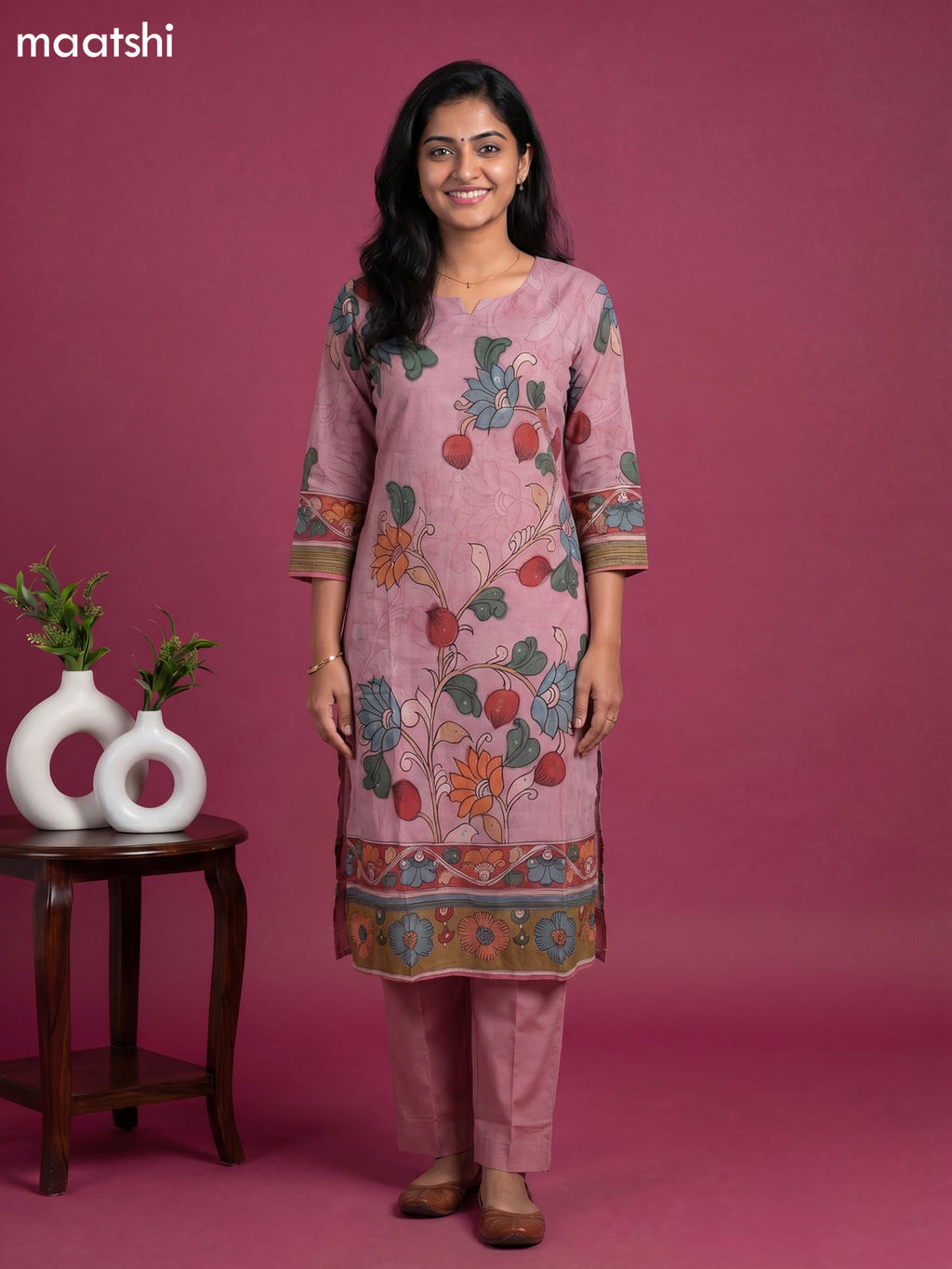 Pastel Pink Cotton Kalamkari Printed Straight Suit