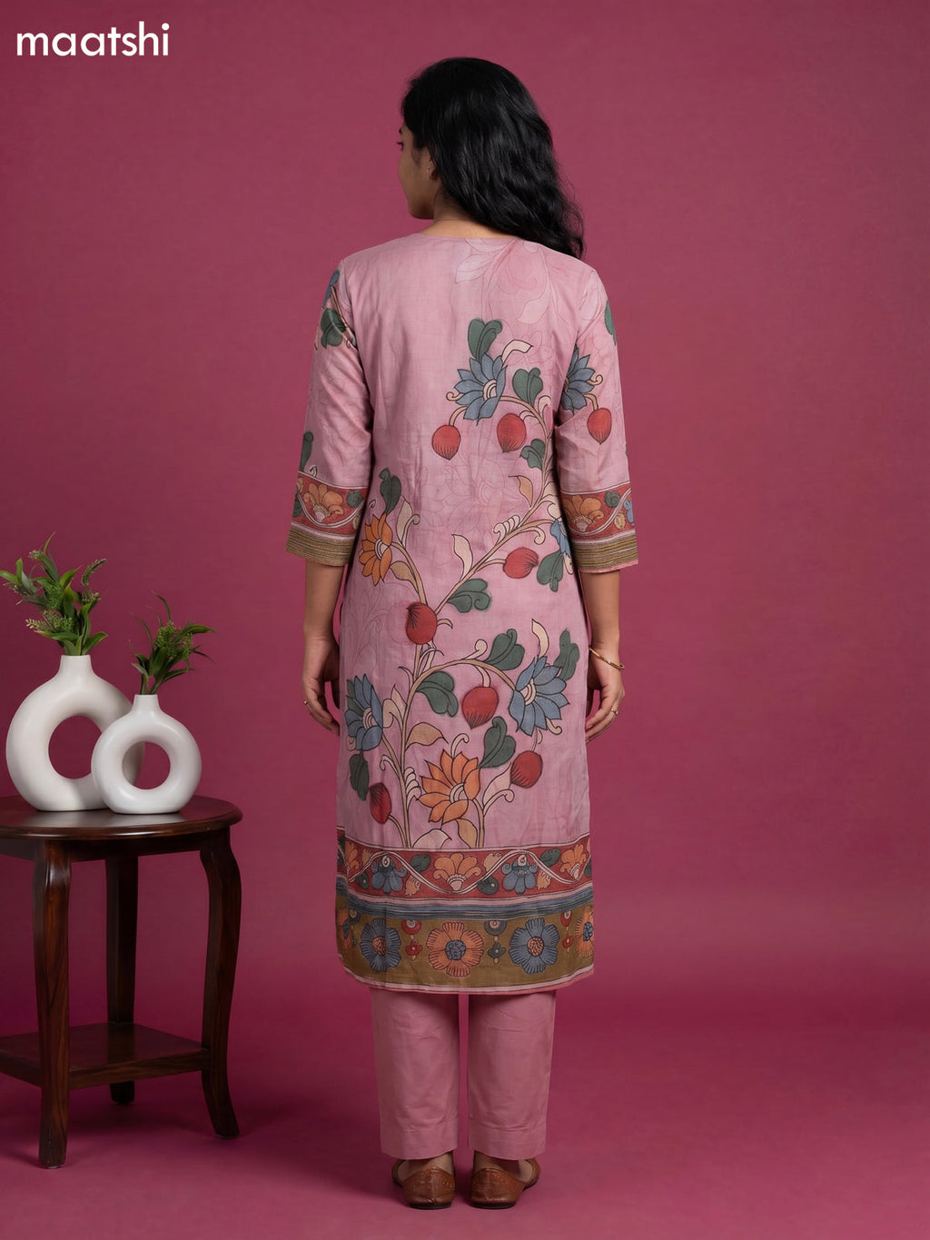 Pastel Pink Cotton Kalamkari Printed Straight Suit