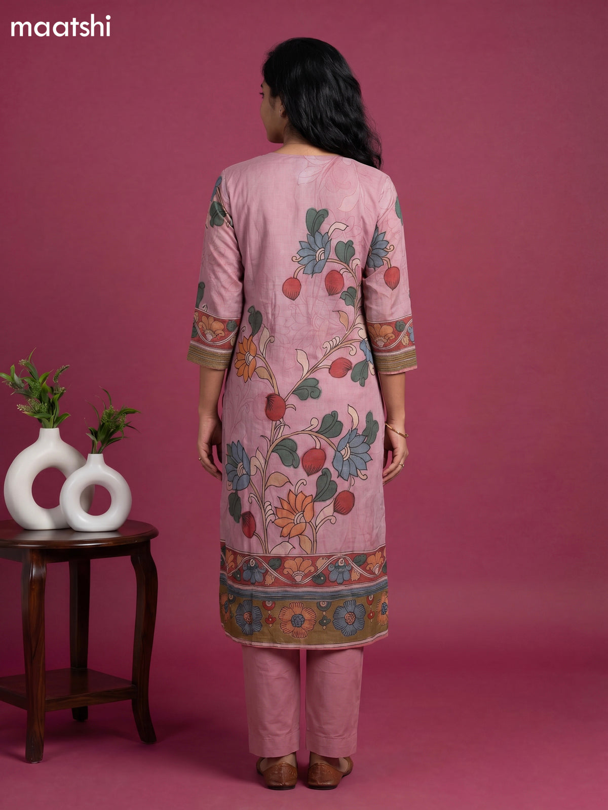 Pastel Pink Cotton Kalamkari Printed Straight Suit