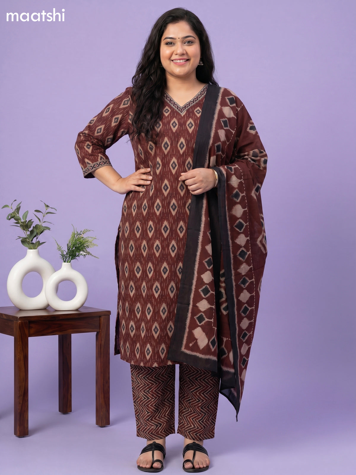 Brown Cotton Ikat Weaves Straight Suit