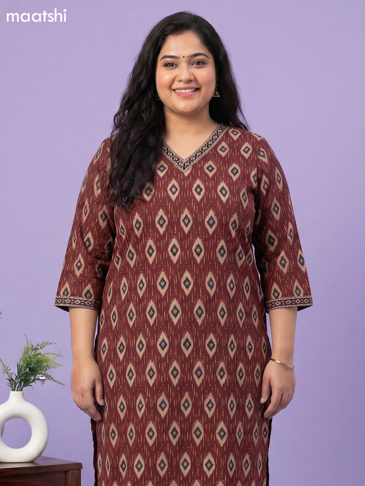Brown Cotton Ikat Weaves Straight Suit